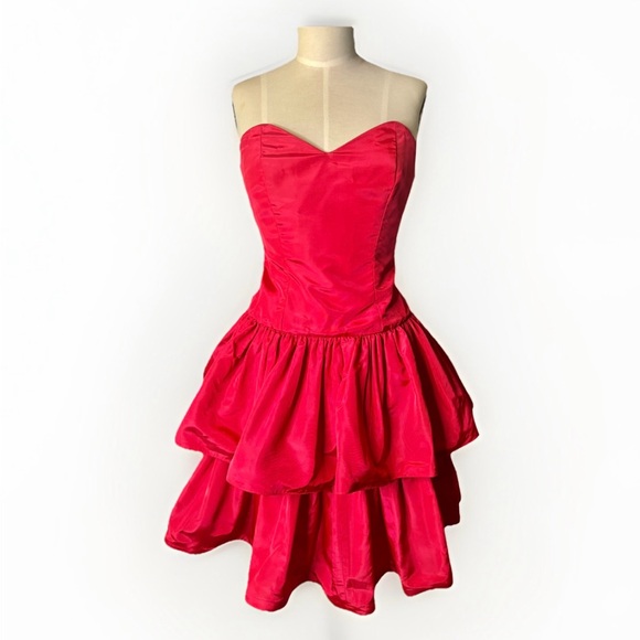American Vintage Dresses & Skirts - Vintage 80s Red Taffeta Tiered Full Skirt Bow Prom Cocktail Party Dress XS
